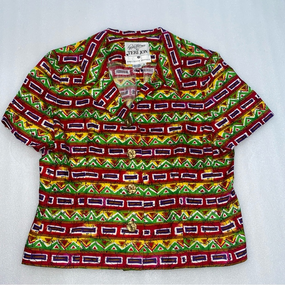 Retro Rickie Freeman For Teri Jon Saks Fifth Ave 100% Linen Colorful Button Top